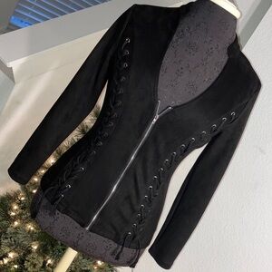Chic Black Suede Women's Blazer with Lace Up Detailing